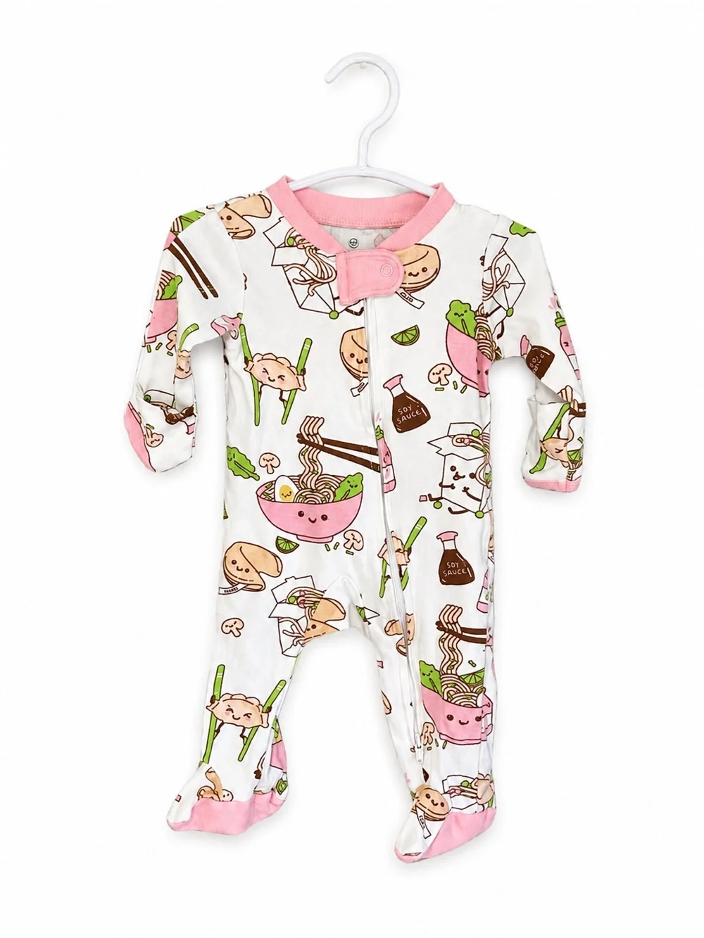 The Honest Company White Footed One-Piece with Pink Trim and Kawaii Ramen Print